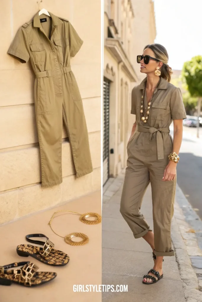 Effortless khaki utility jumpsuit with statement accessories - the ultimate one-piece travel outfit with plenty of practical pockets.
