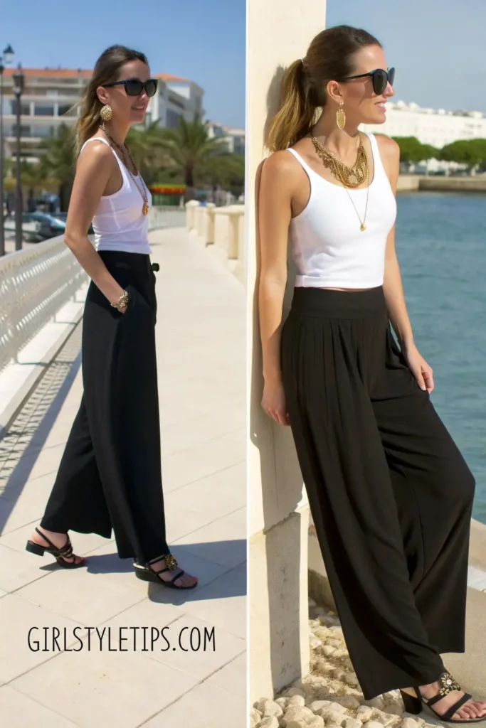 Elegant black palazzo pants with white cropped tank - comfortable yet sophisticated travel outfit for European vacation vibes.
