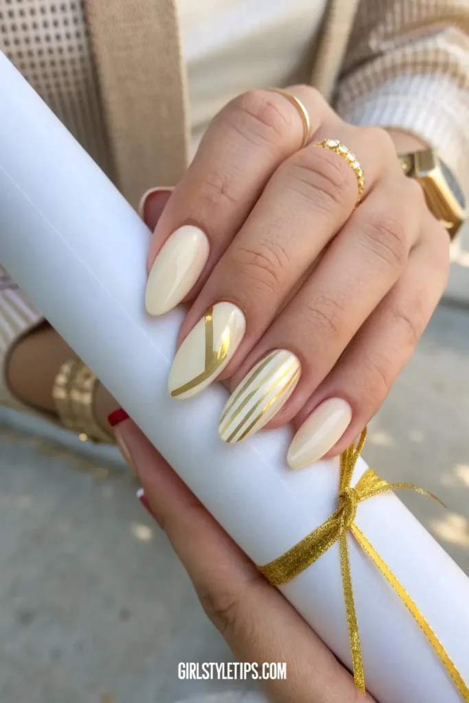 Elegant gold striped graduation nails on cream base for commencement ceremony