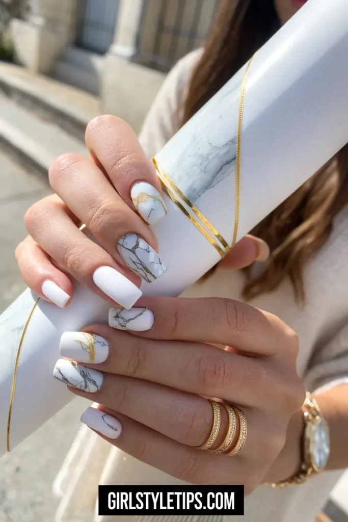 Elegant marble graduation nails with gold accents for commencement ceremony