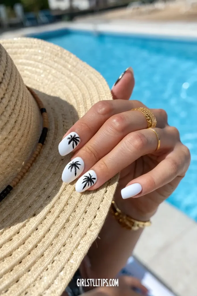 Elegant white vacation nails with tropical palm tree accents perfect for summer resort wear