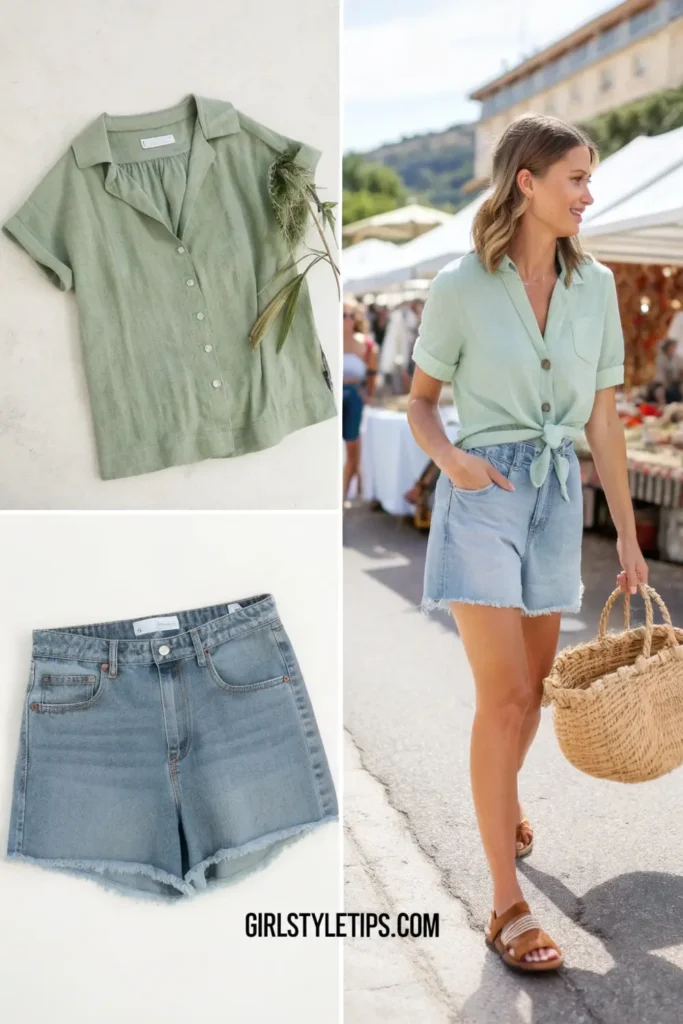 Fresh denim shorts and linen button-up combo - a breathable summer travel outfit perfect for markets and casual sightseeing.