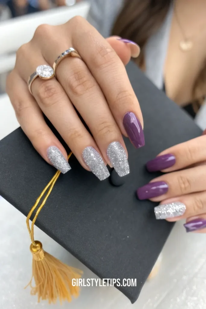 Glitter ombre graduation nails transitioning from purple to silver for commencement celebration