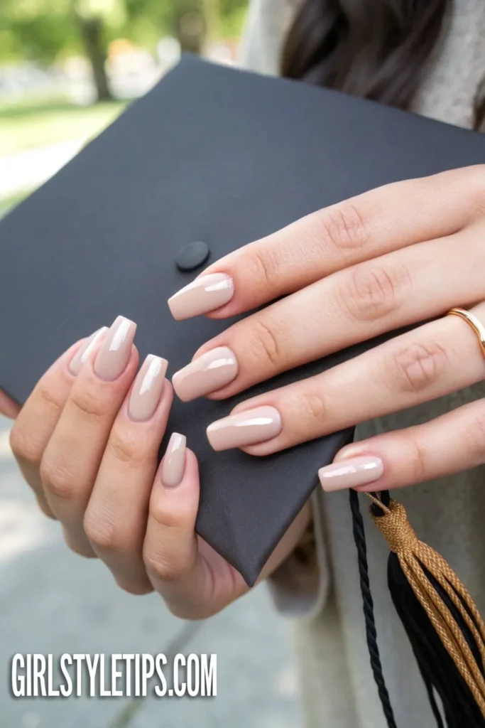 Hidden message graduation nails with glossy year design on matte nude manicure