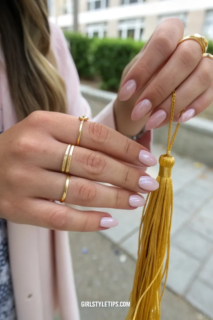 Minimalist graduation nails with 2025 year design in gold on neutral manicure