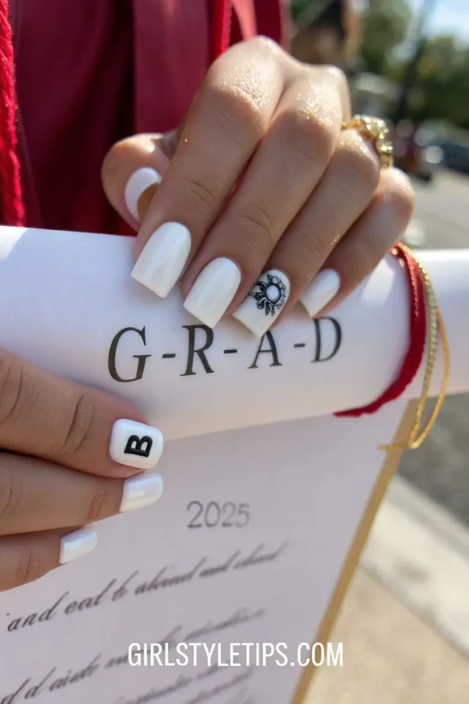 Motivational word graduation nails spelling GRAD in black on white manicure