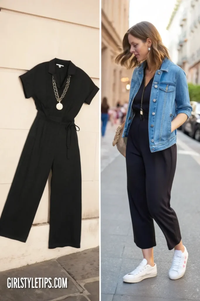 One-and-done black jumpsuit with denim jacket - the perfect travel outfit combining style and practicality for any destination.