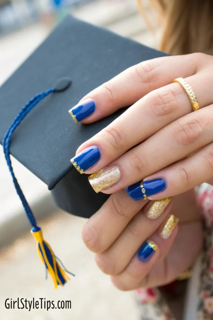 School colors French tip graduation nails in blue and gold for commencement ceremony