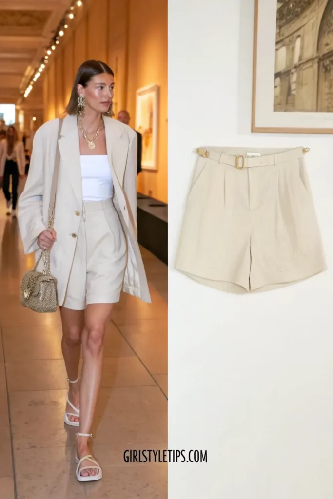 Sophisticated linen shorts and blazer set - a polished yet comfortable travel outfit for destinations where you want to look put-together.
