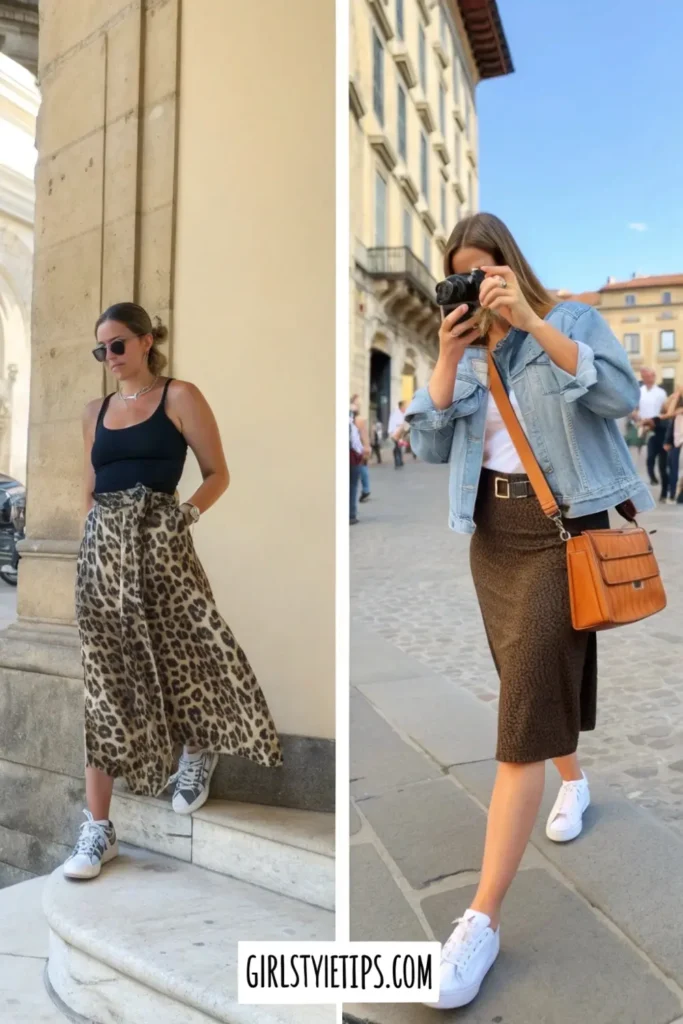 Stylish leopard print midi skirt with black tank top - a versatile travel outfit that transitions easily from sightseeing to dinner.