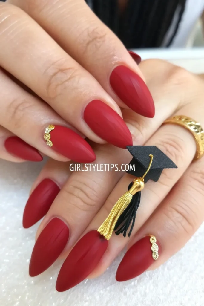 Tiny mortarboard accent graduation nails with cap detail on red manicure