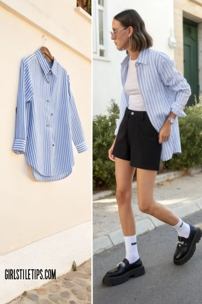 Trendy bike shorts with oversized striped button-down - a model-approved travel outfit balancing comfort and style.