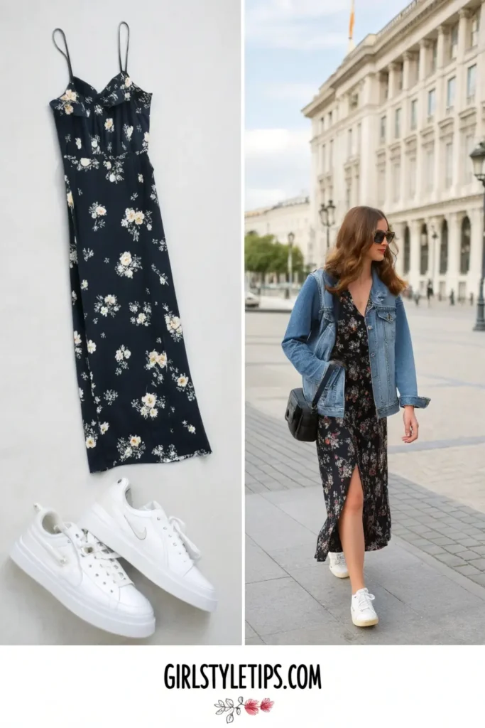 Versatile black floral maxi dress paired with white sneakers and denim jacket - the perfect blend of comfort and style for travel days.