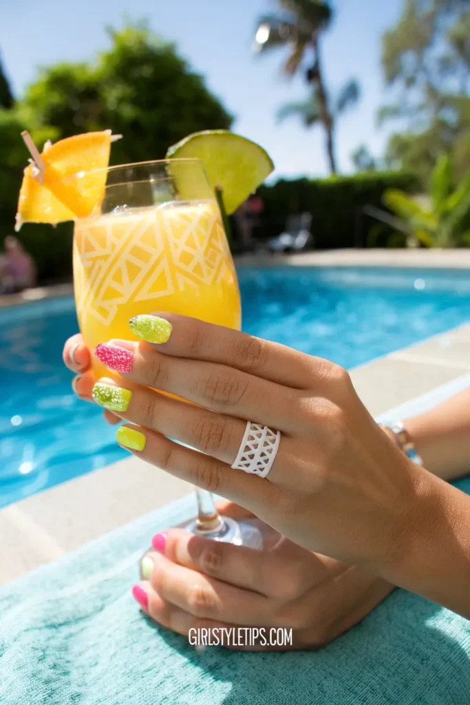 Vibrant neon color block vacation nails with geometric patterns perfect for summer pool parties.