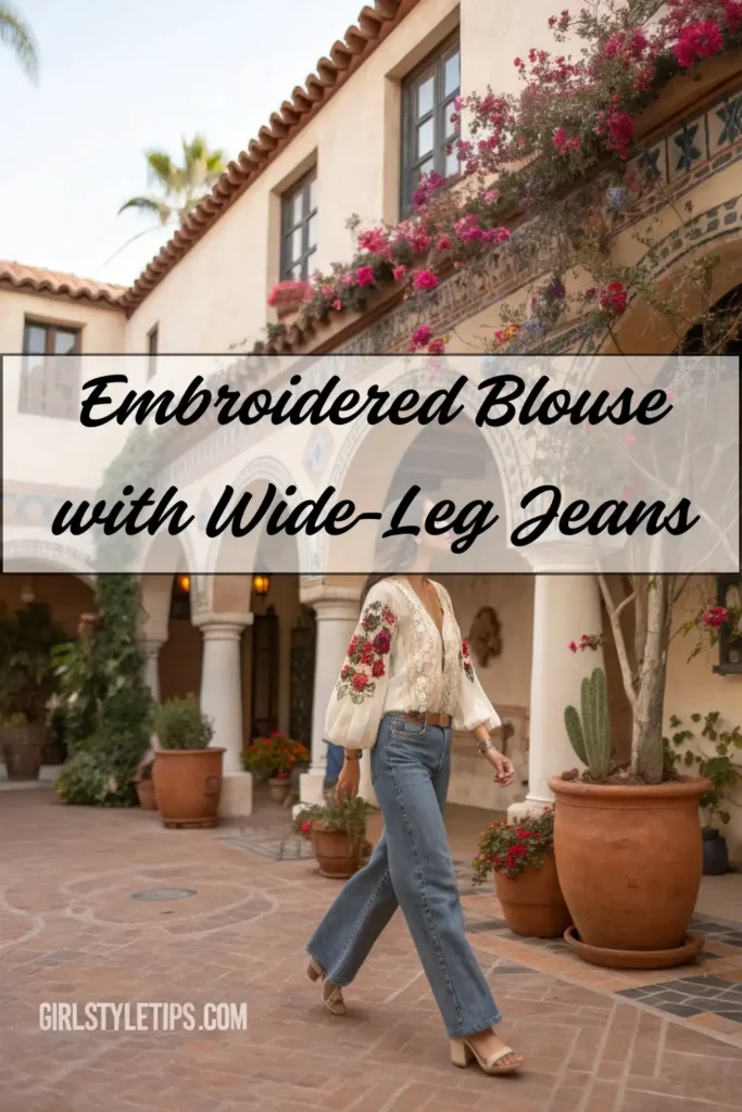 Boho cowgirl outfit with embroidered blouse and wide-leg jeans for southwestern western fashion