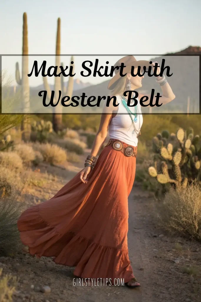 Boho cowgirl outfit with maxi skirt and western belt for southwestern desert fashion