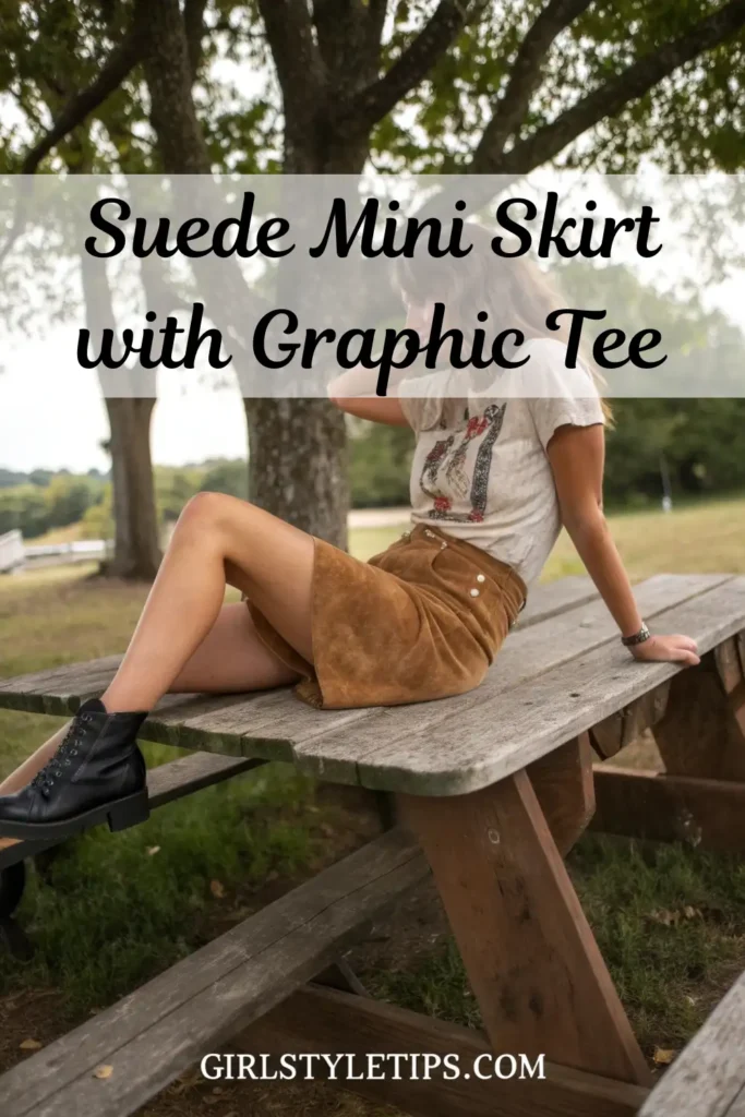 Casual cowgirl outfit with suede mini skirt and graphic tee for effortless western fashion