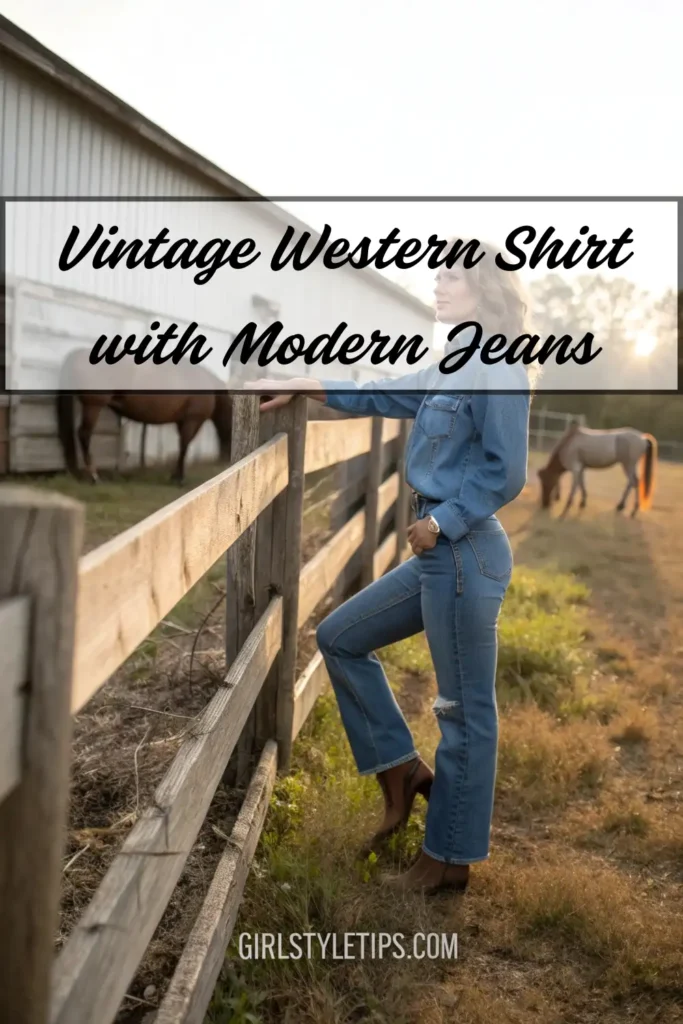 Classic vintage cowgirl outfit with pearl snap western shirt and jeans for timeless western fashion
