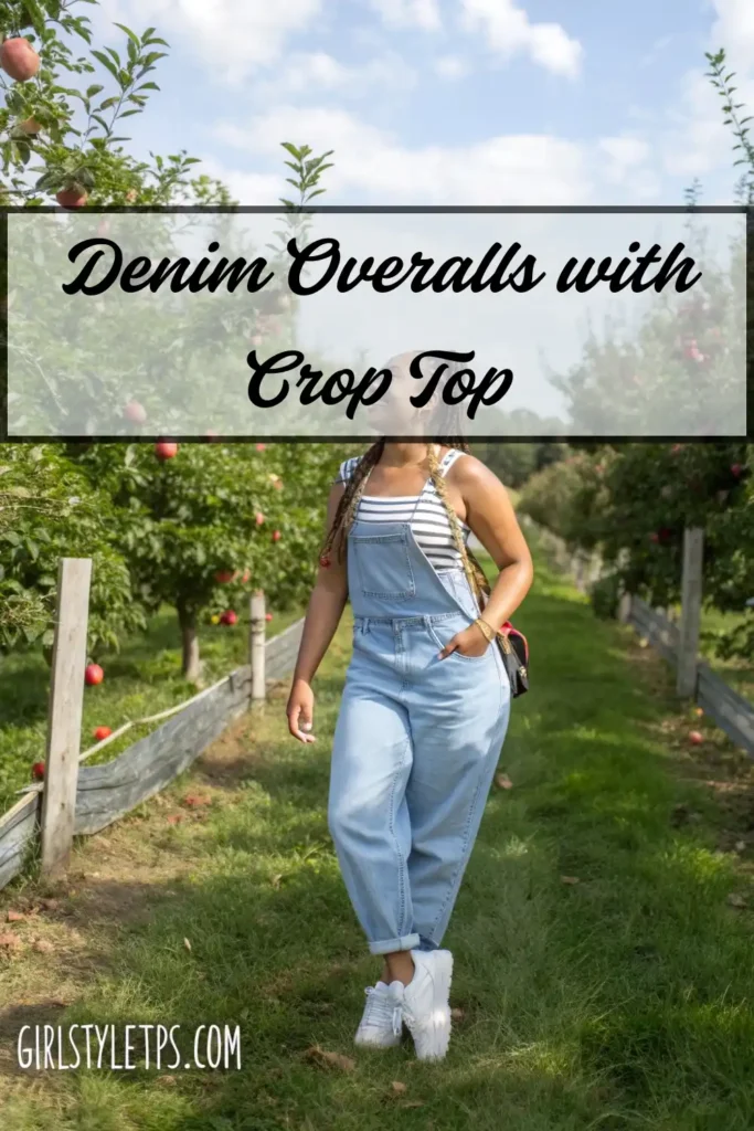 Cute farmer girl cowgirl outfit with denim overalls and striped crop top for casual western style