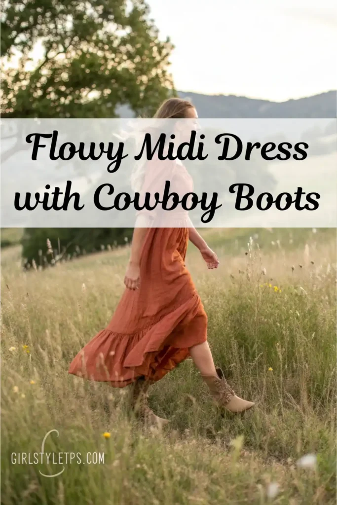 Feminine cowgirl dress outfit with western boots perfect for casual western style