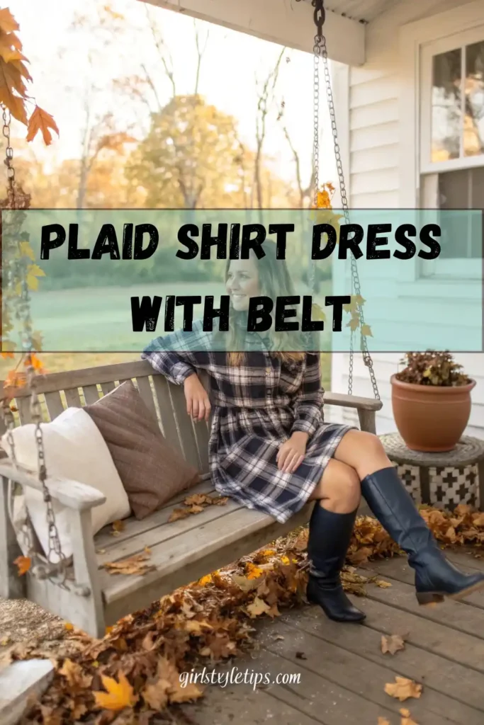 Plaid shirt dress cowgirl outfit with brown boots for cute western country style