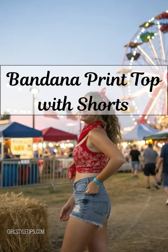 Playful cowgirl outfit with bandana print top and denim shorts for summer western style