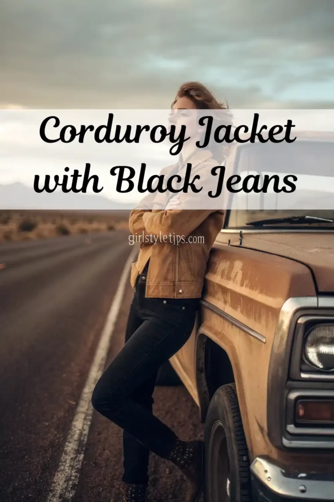 Retro cowgirl jacket outfit with corduroy and black jeans for vintage western style