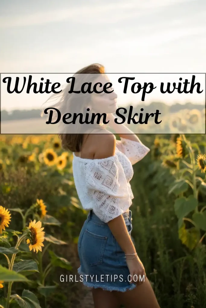 Romantic cowgirl outfit with white lace top and denim skirt for feminine western fashion