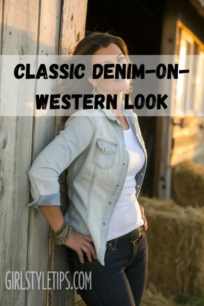 Stylish cowgirl outfit with denim jacket and cowboy boots for everyday western fashion