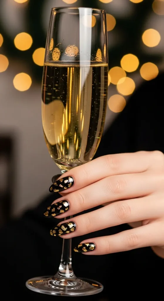 Black gold almond New Year nails