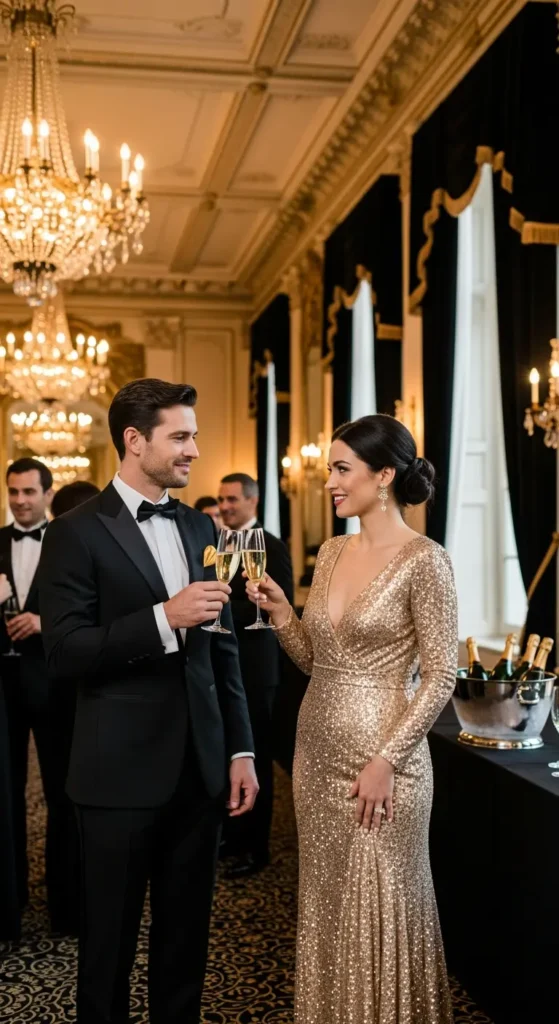 Black gold couple New Year outfits