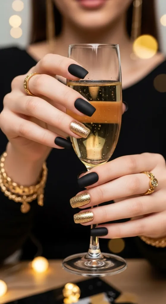 Black gold square NYE nails