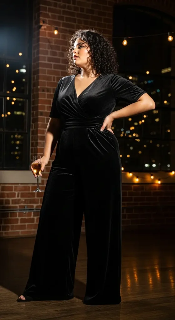 Black velvet plus size jumpsuit