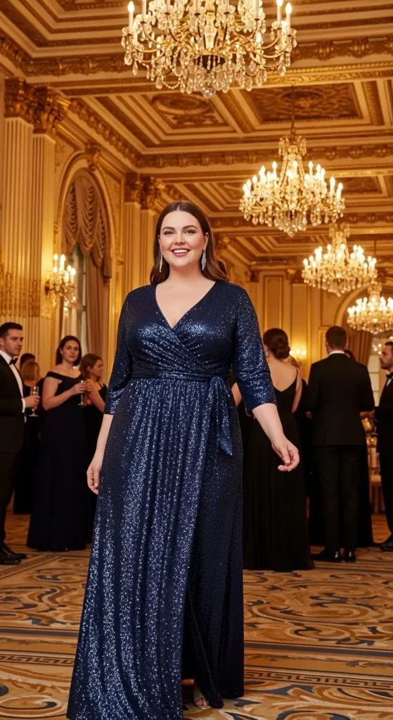 Blue sequin plus size wrap dress