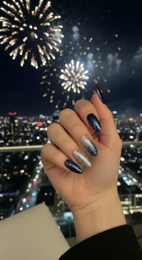 Blue silver gradient almond nails