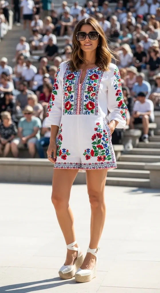 Boho embroidered romper look