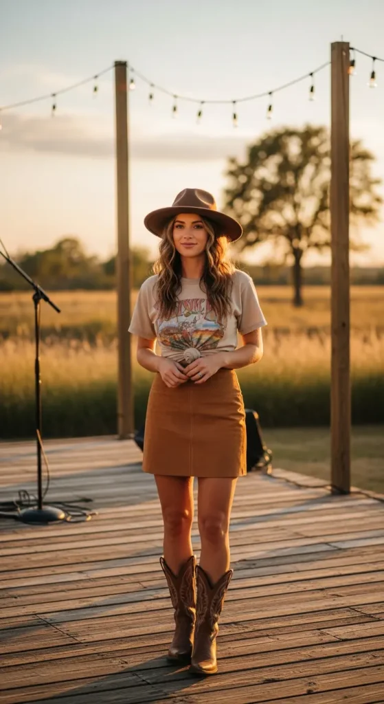 Boho suede skirt outfit