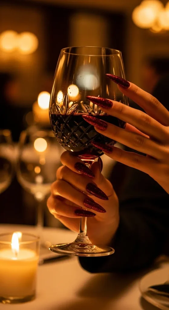 Burgundy glitter ombré nails perfect for New Year's Eve