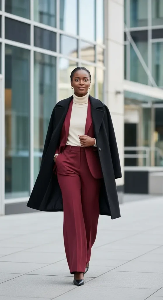 Burgundy suit winter outfit Black girl