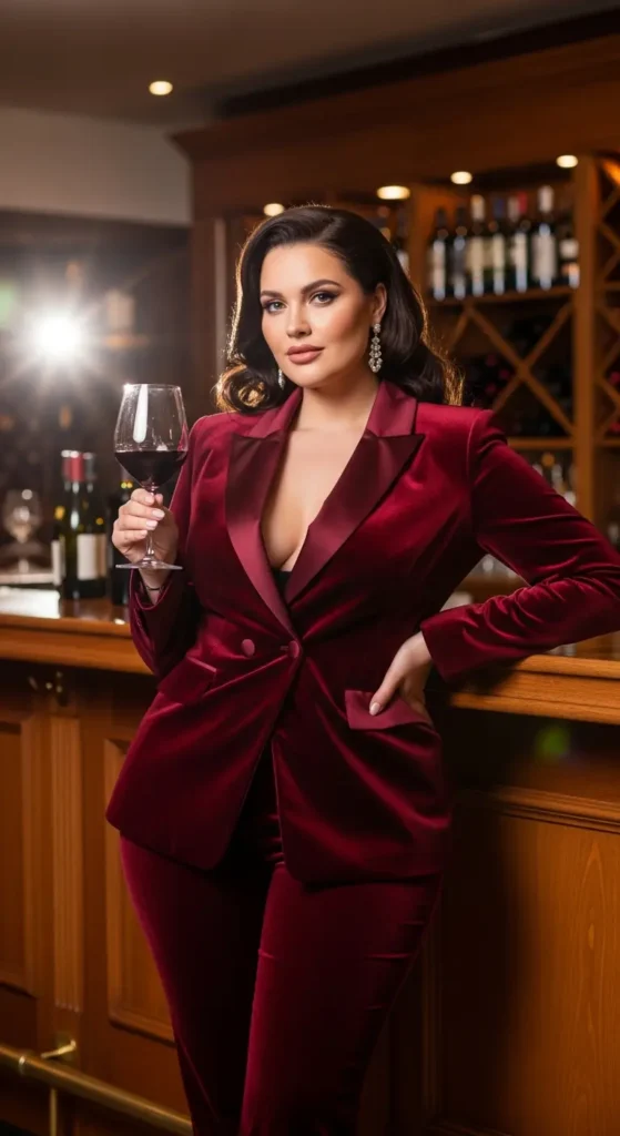 Burgundy velvet plus size suit