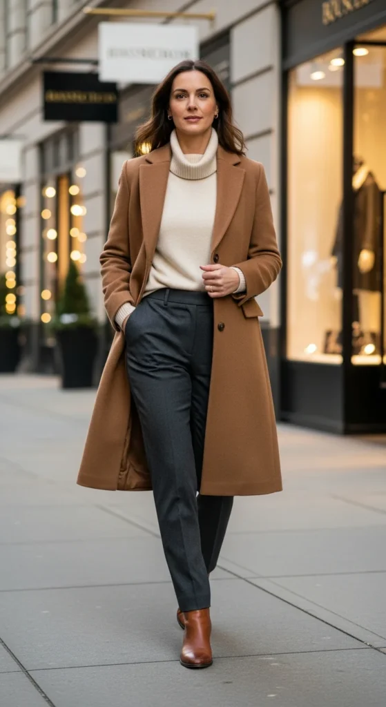 Camel coat winter outfit