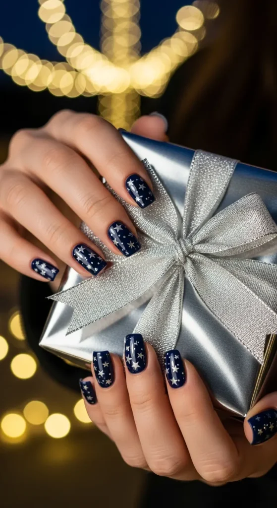Christmas nail art in navy blue with silver stars for unique look