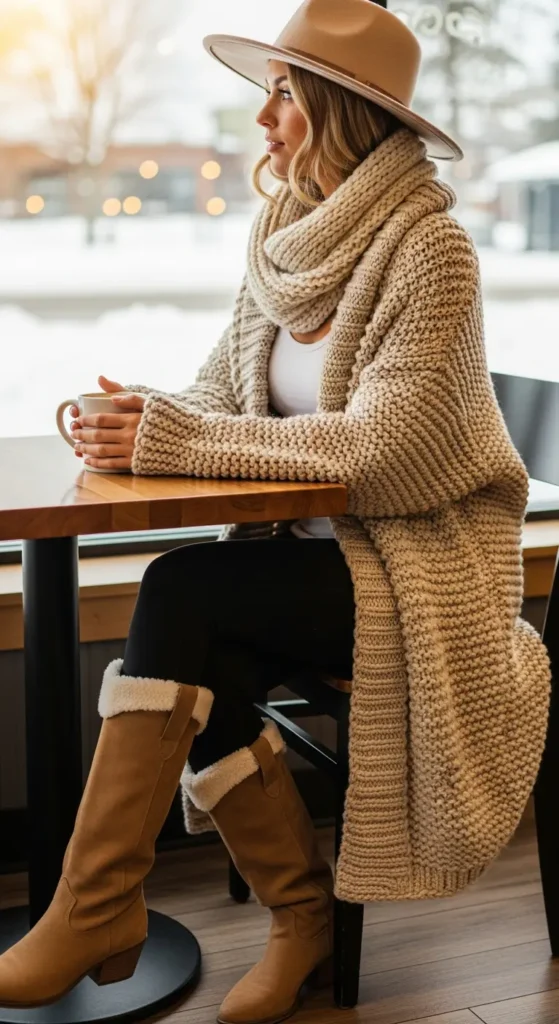 Chunky cardigan cozy cowgirl outfit