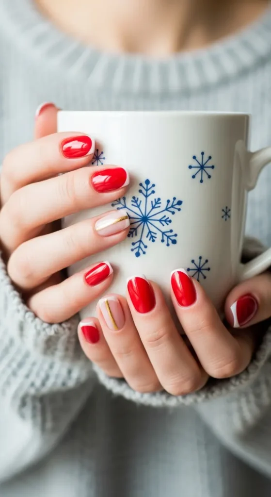 Classic red Christmas nail designs with gold accent stripe