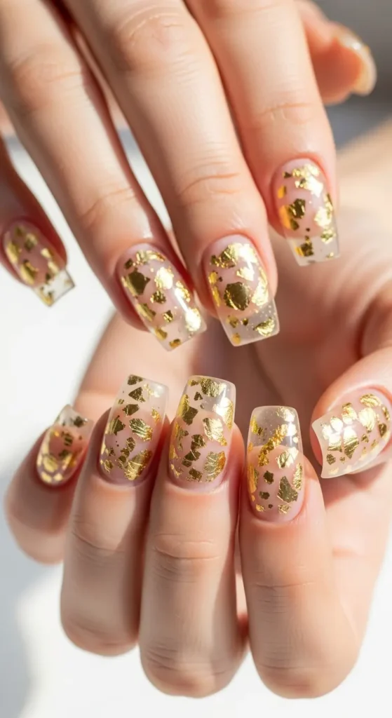 Clear gold confetti square nails