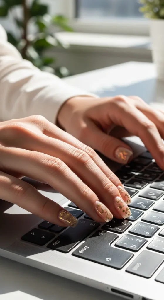 Clear nails with gold flakes for minimalist New Year nail designs