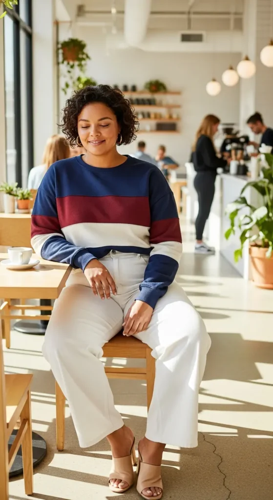 Color-block sweatshirt white jeans plus size