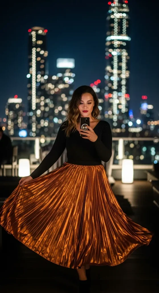 Copper metallic plus size skirt outfit