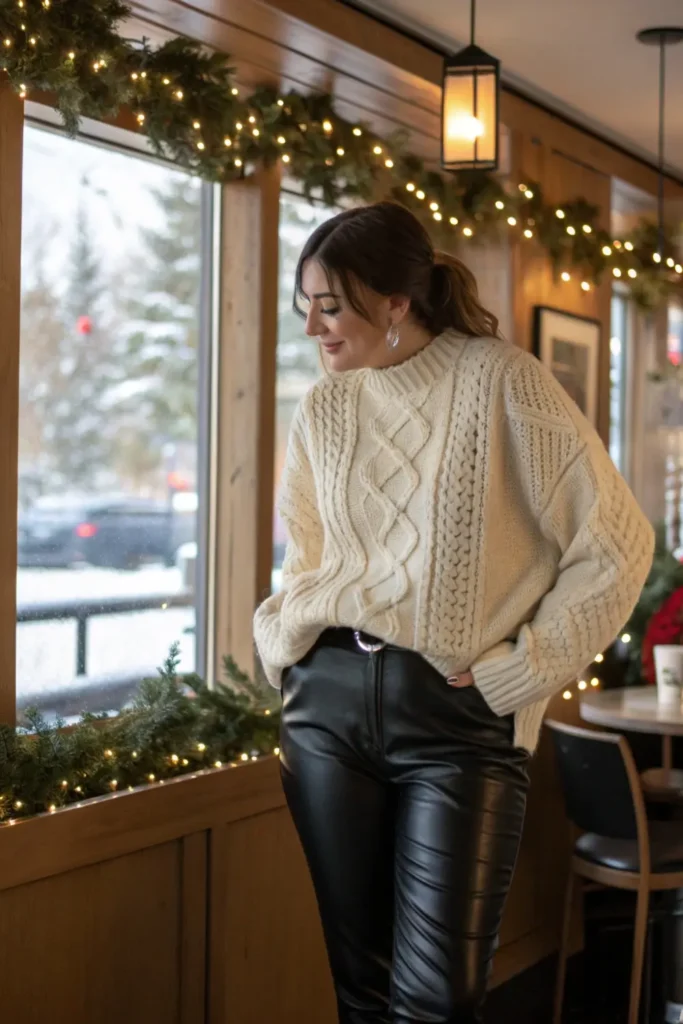 Cozy sweater leather pants outfit