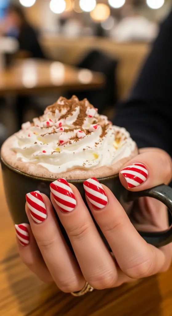 Cute Christmas nails with candy cane stripe design